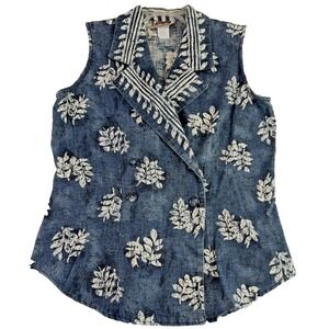 Pine Cove 6 Blue Denim Button Up Top Floral Sleeveless Blouse Western Vintage US